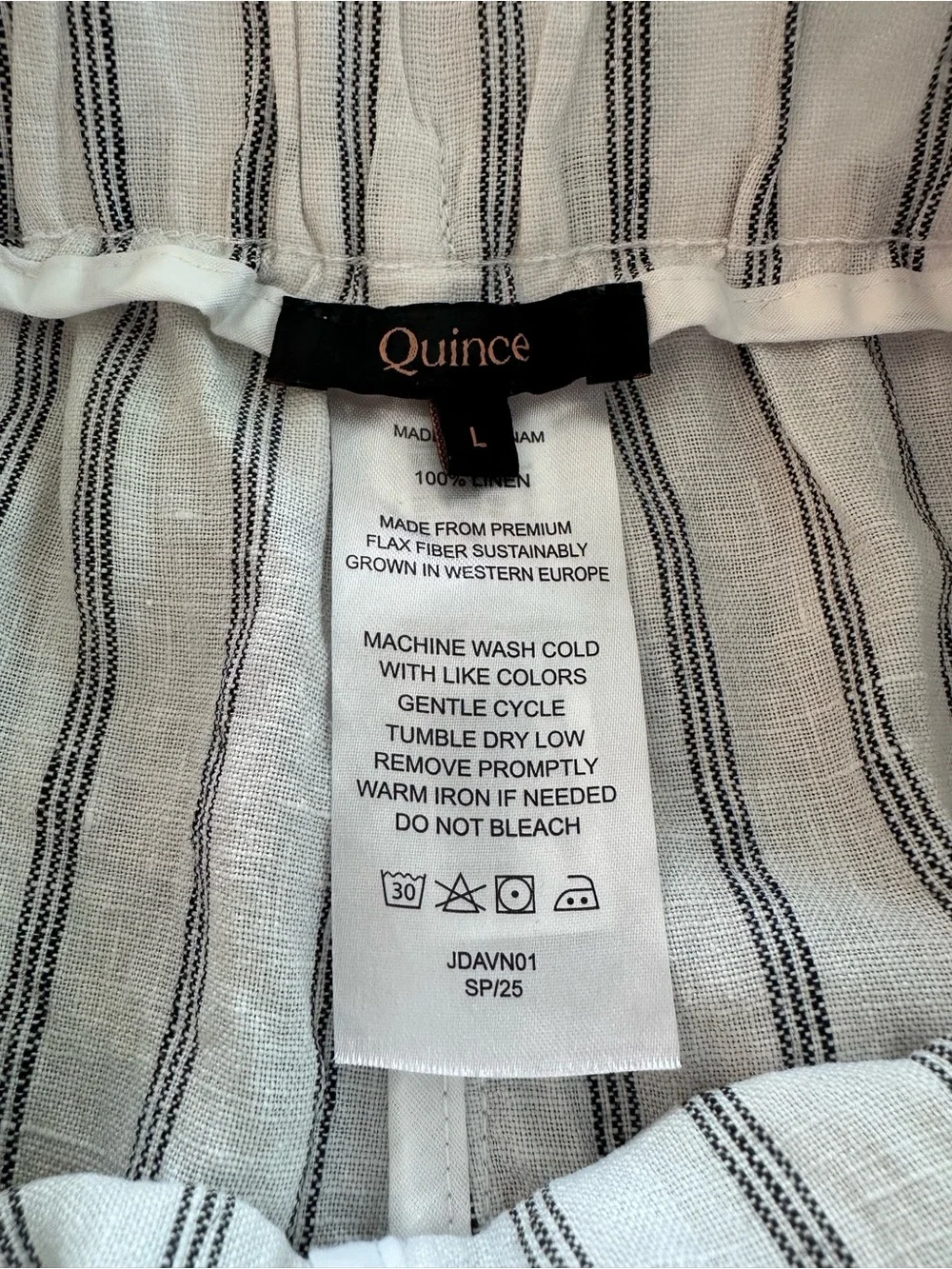 Quince 100% European Linen Pants Oatmeal Black Stripe Quiet Luxury Size Large